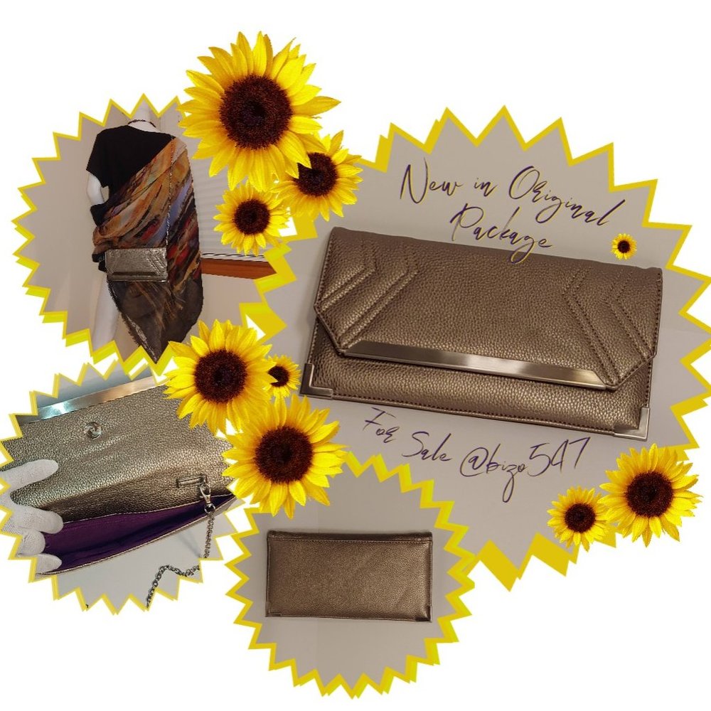 Clutch Crossbody Envelope Metallic Faux Leather Pebbled Pewter New Open Bag